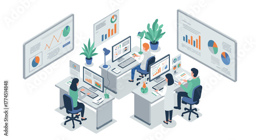 Collaborative office space with professionals analyzing data on computers in…