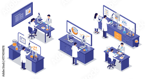 Isometric laboratory scene with scientists conducting experiments and analyzi…