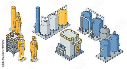 Isometric industrial plant with workers and machinery in vibrant colors