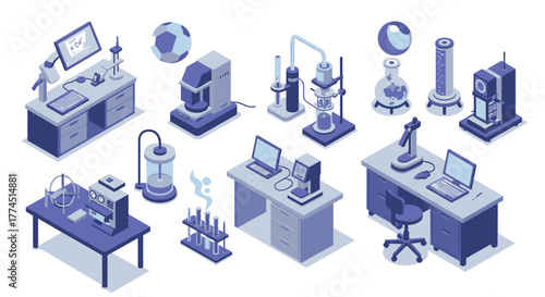 Modern isometric science laboratory equipment and technology workspace