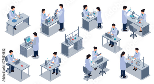 Scientists conducting experiments and research in modern laboratory isometric…