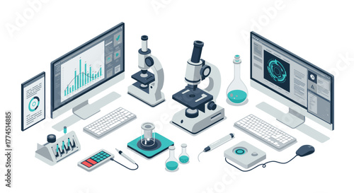 Isometric laboratory equipment with computer screens and microscopes
