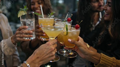 Wallpaper Mural Friends Celebrate With Colorful Drinks in a Lively Gathering at a Cozy Outdoor Bar Torontodigital.ca