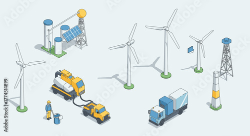 Isometric renewable energy concept with wind turbines and solar panels