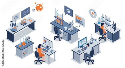 Isometric laboratory workspace with scientists conducting experiments and ana…