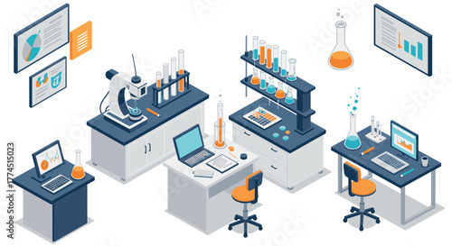 Isometric scientific laboratory with modern equipment and graphs for data ana…