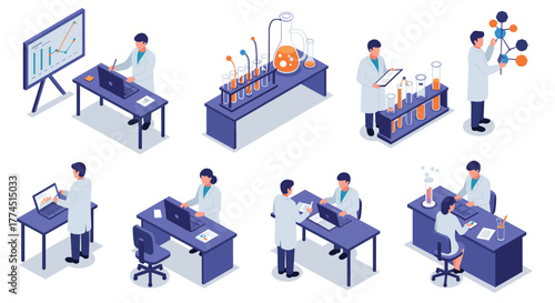 Isometric scientists in laboratory engaged in research experiments and data a…