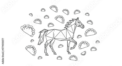 Geometric Horse Illustration with Dumpling Surround, Generative AI.
