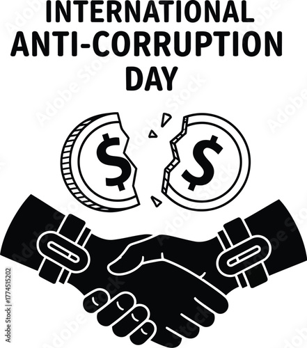 Broken coin and handshake for international anti corruption day