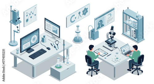 Modern laboratory research and analysis workspace in isometric design