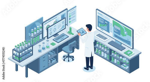 Modern laboratory isometric design with scientist analyzing data on digital t…