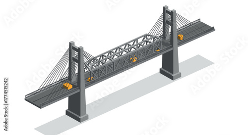 Isometric suspension bridge with cars on white background