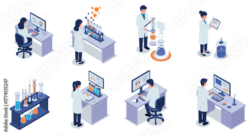 Isometric laboratory scenes with scientists conducting experiments and analyz…