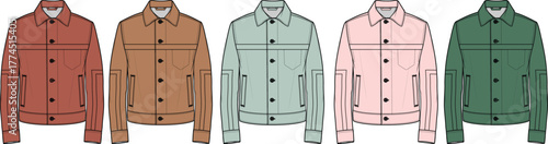 A versatile set of classic unisex trucker jackets shown in a variety of fashionable colors. This technical flat vector illustration is a perfect template for apparel design