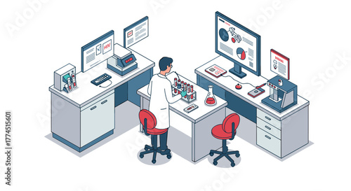 Isometric modern laboratory scene with scientist analyzing samples and data o…
