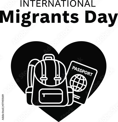 International migrants day illustration featuring a backpack and passport inside a heart shape, symbolizing travel and migration