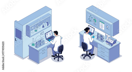 Isometric laboratory scene with scientists using computers and conducting exp…