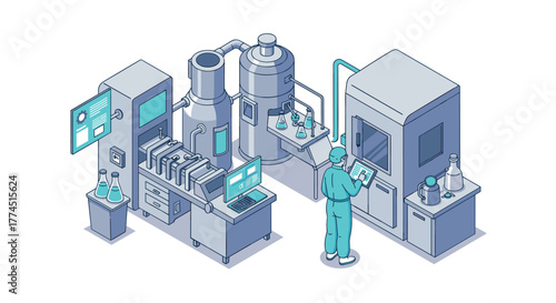 Isometric factory automation with industrial machines and engineer monitoring