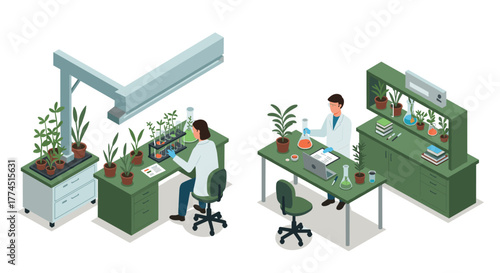 Isometric laboratory scene with scientists analyzing plants and experiments