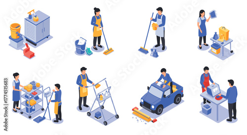Isometric set of cleaning and maintenance workers in professional settings