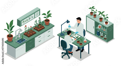 Scientists conducting plant experiments in a modern laboratory isometric design