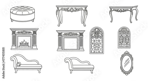 victorian furniture illustration of an interior with a set of victorian style furniture pieces for interior design projects and classic elegance theme