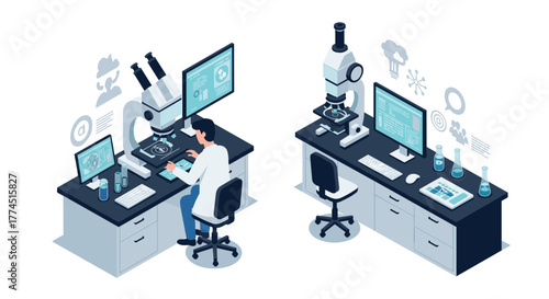 Modern laboratory workspace isometric design with scientist and advanced equi…
