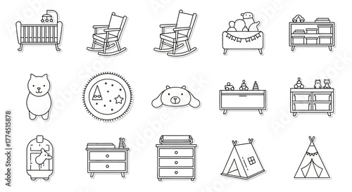 Nursery decor illustrations crib rocking chair and dresser showcasing baby room design elements ideal for parenting blogs decoration guides and creative projects.