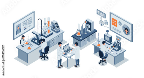 Isometric laboratory scene with scientists working on advanced research and a…