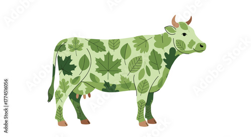 Green Cow Illustration Made of Leaves Symbolizing Nature and Ecology, Generative AI.