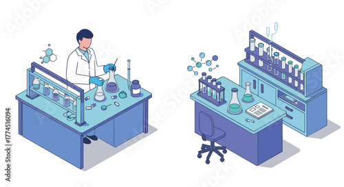 Modern isometric chemistry laboratory with scientist and equipment