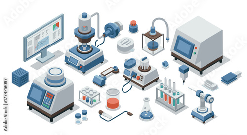 Isometric laboratory equipment set with scientific instruments and digital di…