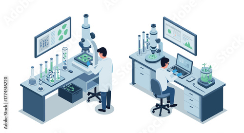Isometric laboratory research scene with scientists and advanced equipment