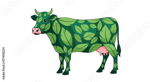 Green Cow Illustration Made of Leaves, Generative AI.