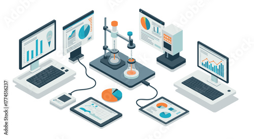 Isometric data analysis lab with computers and lab equipment