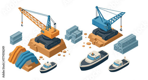 Isometric construction scene with cranes, boats, and building materials on wh…
