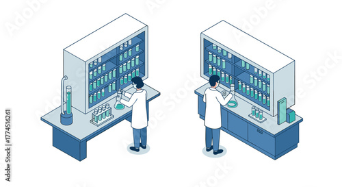 Isometric lab scene with scientists conducting experiments in modern laborato…