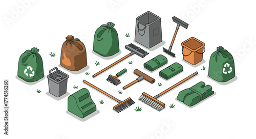 Cleaning equipment arrangement with bags, bins, and rakes for garden maintenance