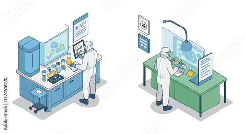 Pandemic research scene: scientists in protective gear analyzing data in an i…