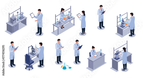 Researchers in isometric laboratory setting conducting scientific experiments…