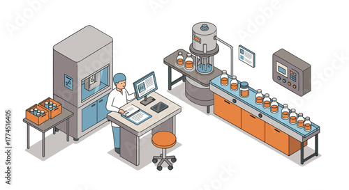 Isometric laboratory automation: scientist analyzing data in modern research…