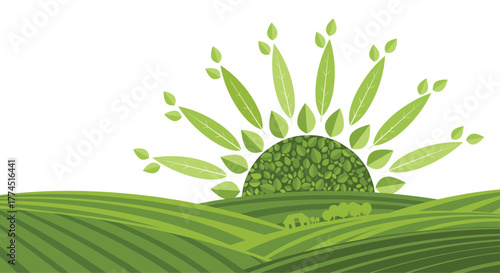 Green Sunrise Symbolizing Growth and Natures Renewal, Generative AI.