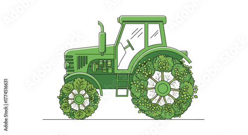 Green tractor with wheels made of plants and flowers, Generative AI.