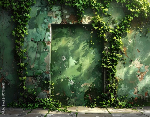 Weathered, green wall with a rectangular indentation and climbing plants