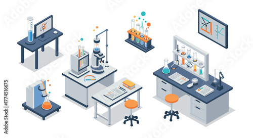 Modern isometric laboratory equipment with desks and scientific tools