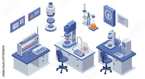 Modern isometric laboratory equipment set for scientific research and analysis