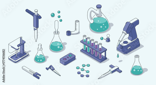 Isometric science laboratory equipment with beakers, test tubes, and microscopes