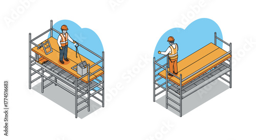 Isometric construction worker on scaffolding: safety and precision in enginee…