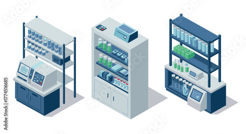 Isometric laboratory equipment with shelves of scientific instruments and tes…