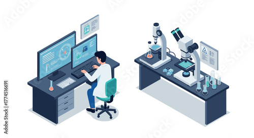 Isometric laboratory setup with scientist at computer and advanced microscopes